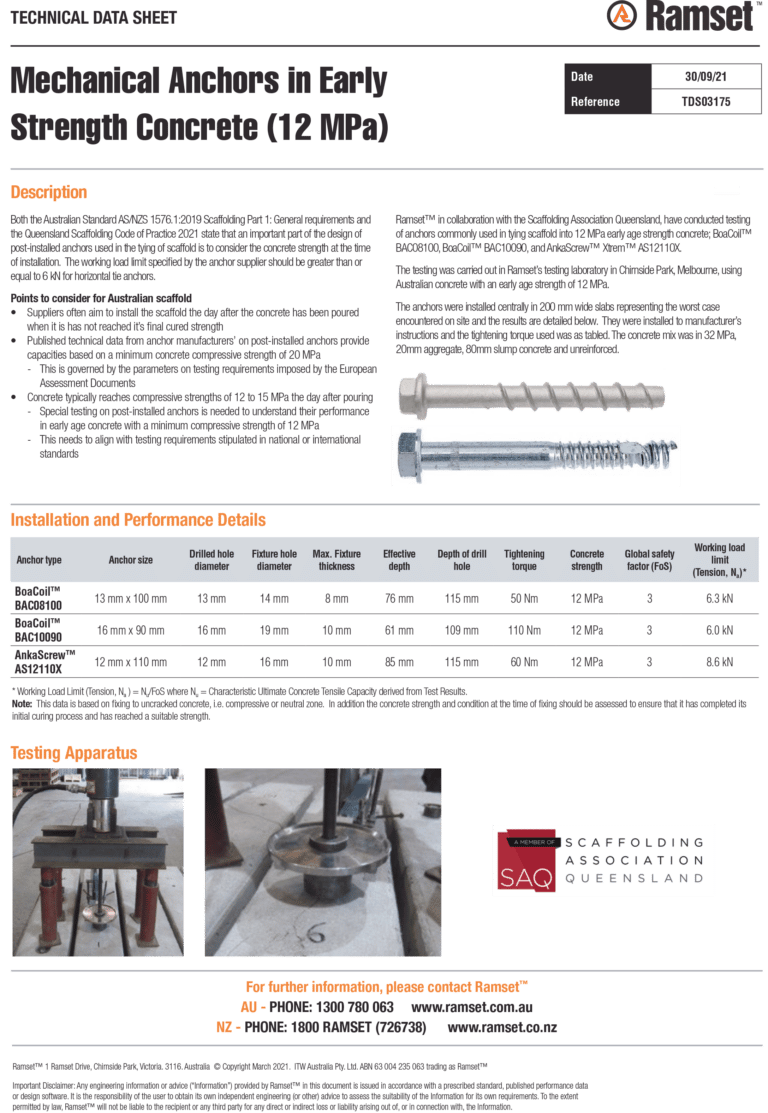 Mechanical Anchors in Early Strength Concrete Ramset Scaffolding